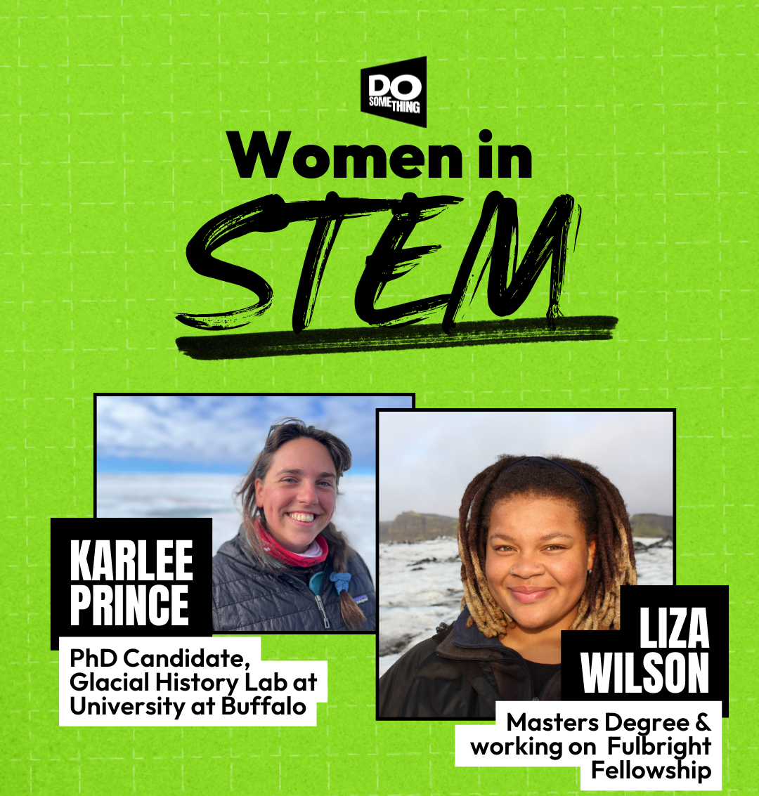 A promotional image for an Instagram live event titled 'Women in STEM,' featuring two individuals, Karlee Prince and Liza Wilson, highlighting their academic and research backgrounds. The event will take place on February 11, 2025, at 12:30 PM and 2:30 PM EST.