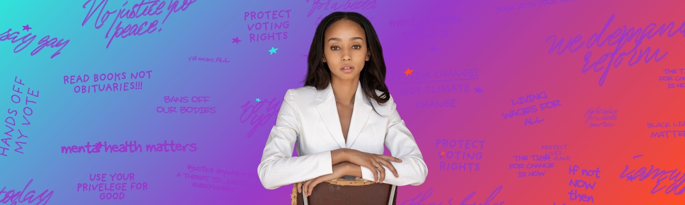 Activist Synclaire Warren on a teal, purple and orange background with voting affirmations