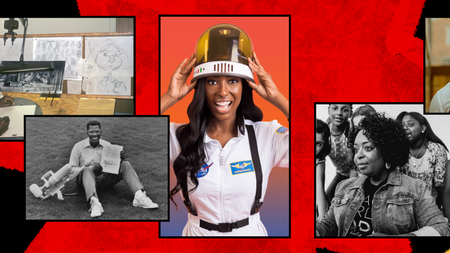 A vibrant collage featuring diverse individuals engaged in various activities, including artistic sketching, community engagement, and leadership roles. The central figure is smiling and wearing a space helmet, symbolizing exploration and inspiration in volunteerism and civic learning.