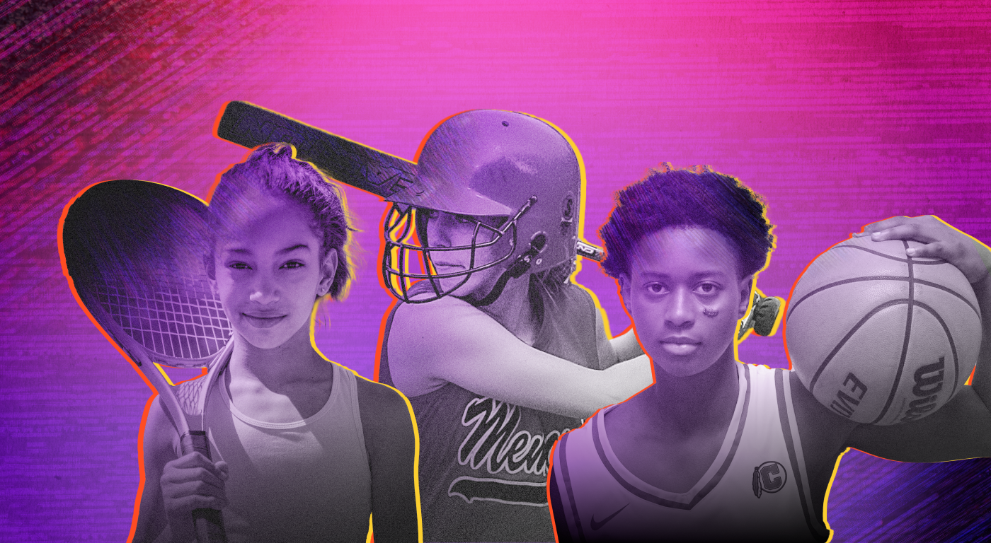 Magenta-purple gradient array of three young athletes posing with their sportsgear, for tennis, softball, and basketball