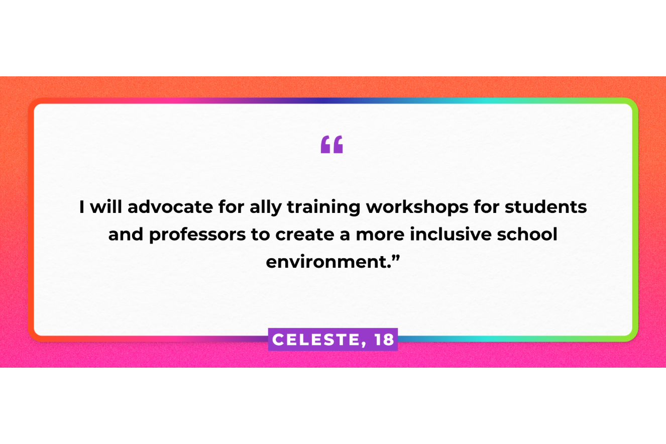 "I will advocate for ally training workshops for students and professors to create a more inclusive school environment." Celeste, 18