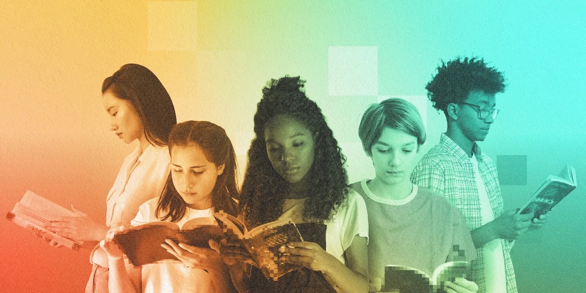 Five young people standing in an arc facing out, all reading books