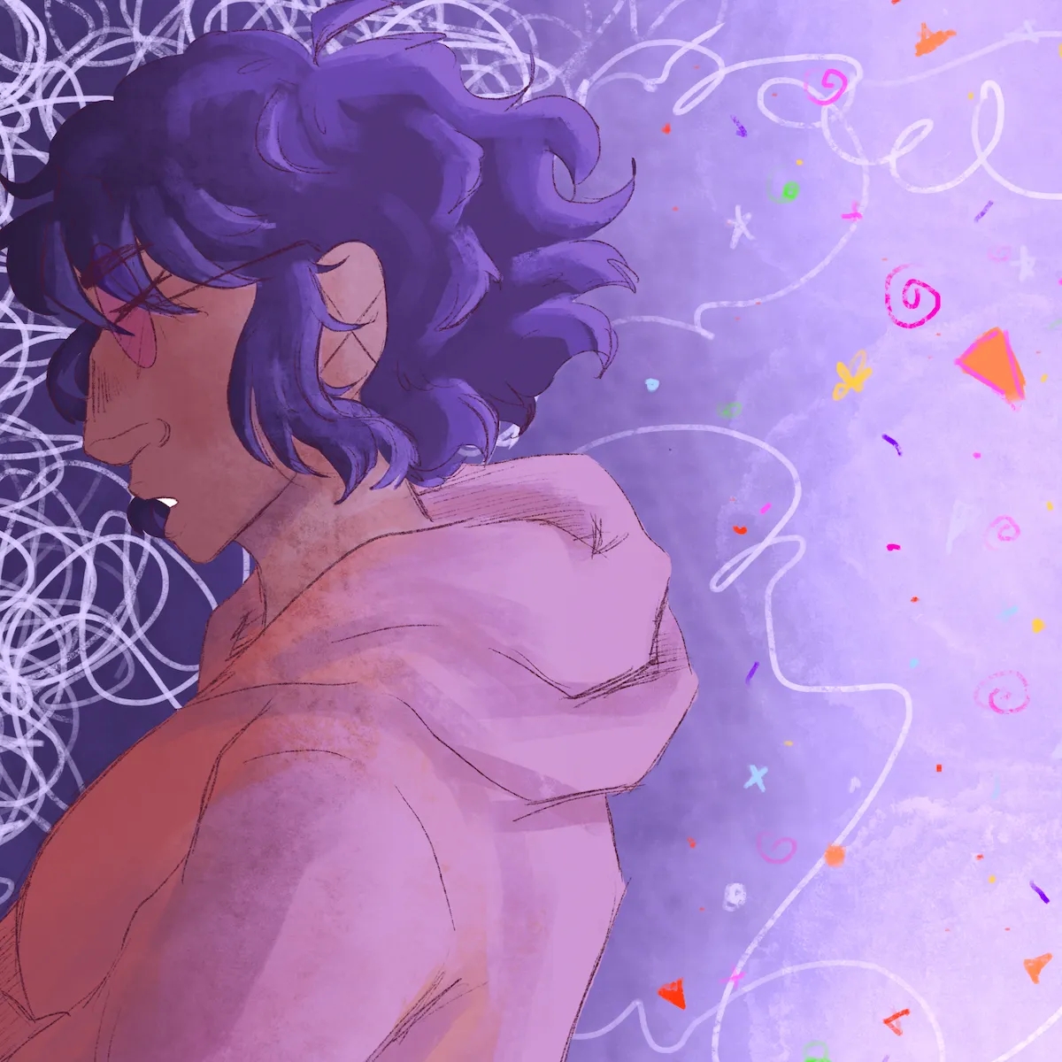 A person with curly purple hair, wearing a light pink hoodie, is turned sideways against a vibrant purple background adorned with colorful shapes and swirls. This image reflects themes of youth, creativity, and community engagement, aligning with volunteer and civic programming.