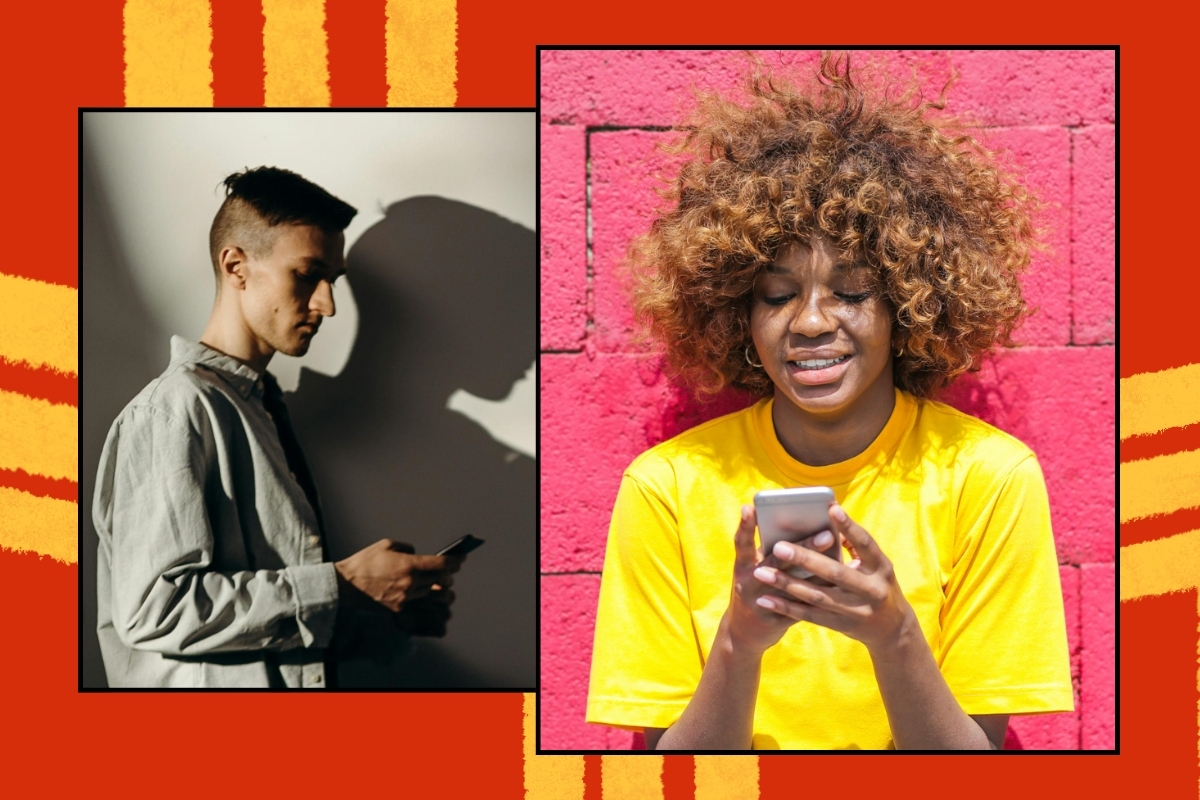 Four young adults using phones and laptops on a bold red and yellow graphic background.