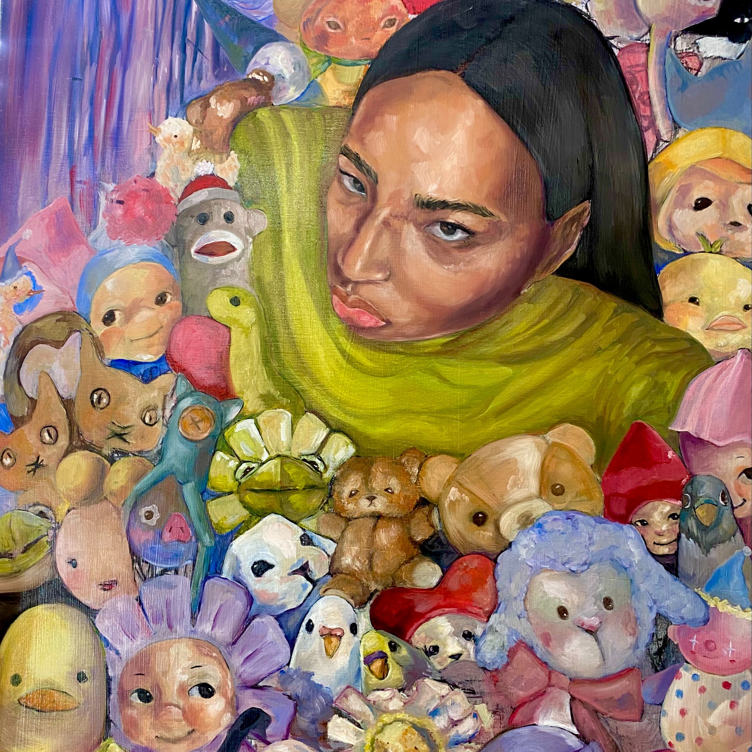 A thoughtful individual gazes amidst a colorful collection of various plush toys and figurines, highlighting themes of nostalgia and community. The vibrant artwork captures a moment of reflection, encouraging engagement in volunteerism and civic participation.