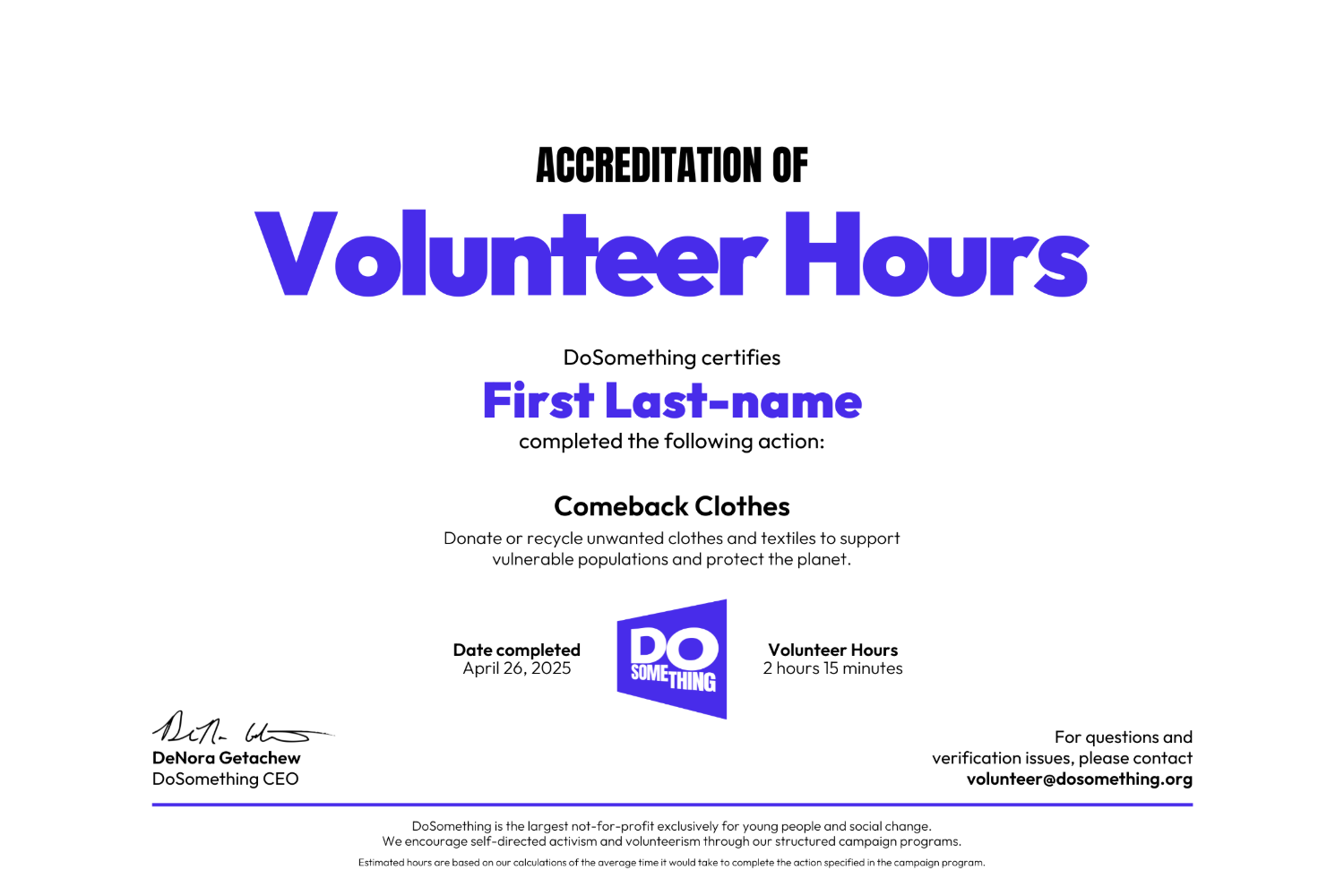 DoSomething Volunteer Hours Certificate Example