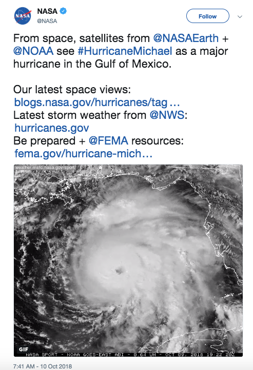 Satellite imagery showing Hurricane Michael as a significant storm system in the Gulf of Mexico, emphasizing the power of nature and the importance of awareness. This image serves as a reminder of the need for preparation and community support during natural disasters.