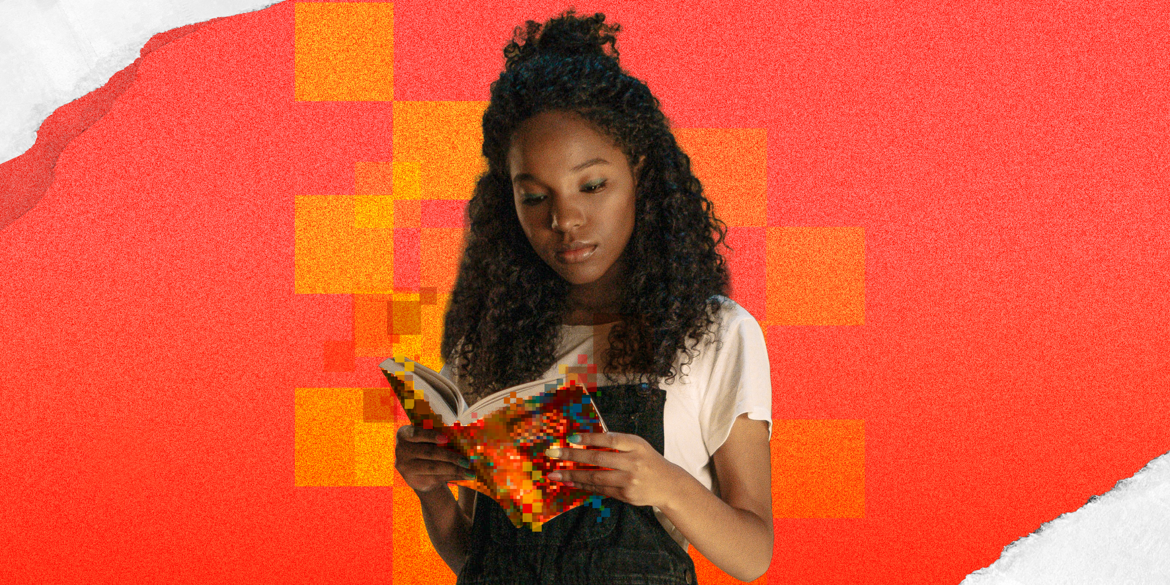 Young person with long curly hair standing reading a book, with abstract red-white background