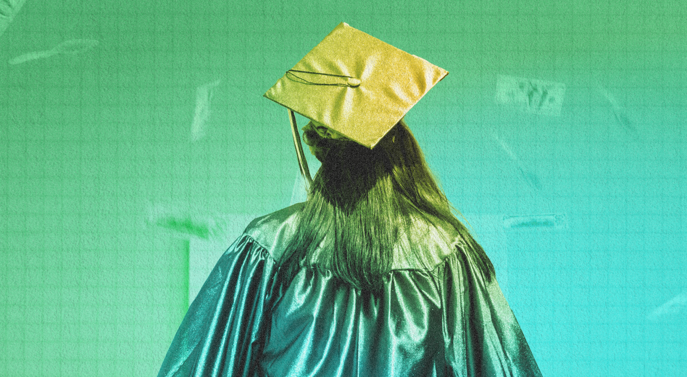 A graduate, wearing a cap and gown, seen from behind on a green gradient with paper money fluttering in the air