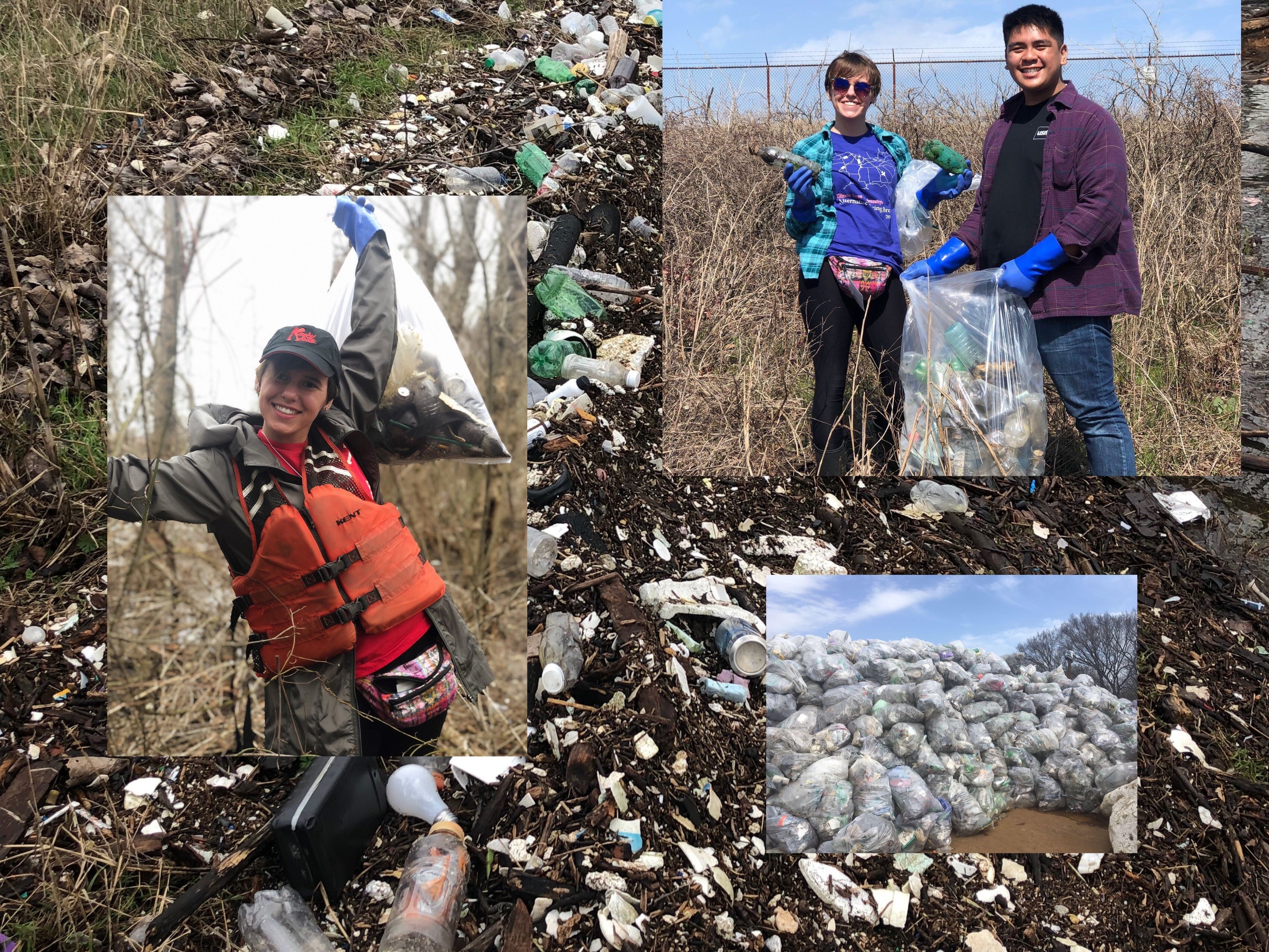 A group of volunteers engage in a community cleanup, collecting trash along a littered area. One volunteer holds a bag filled with collected waste, showcasing efforts to protect the environment and promote civic responsibility.