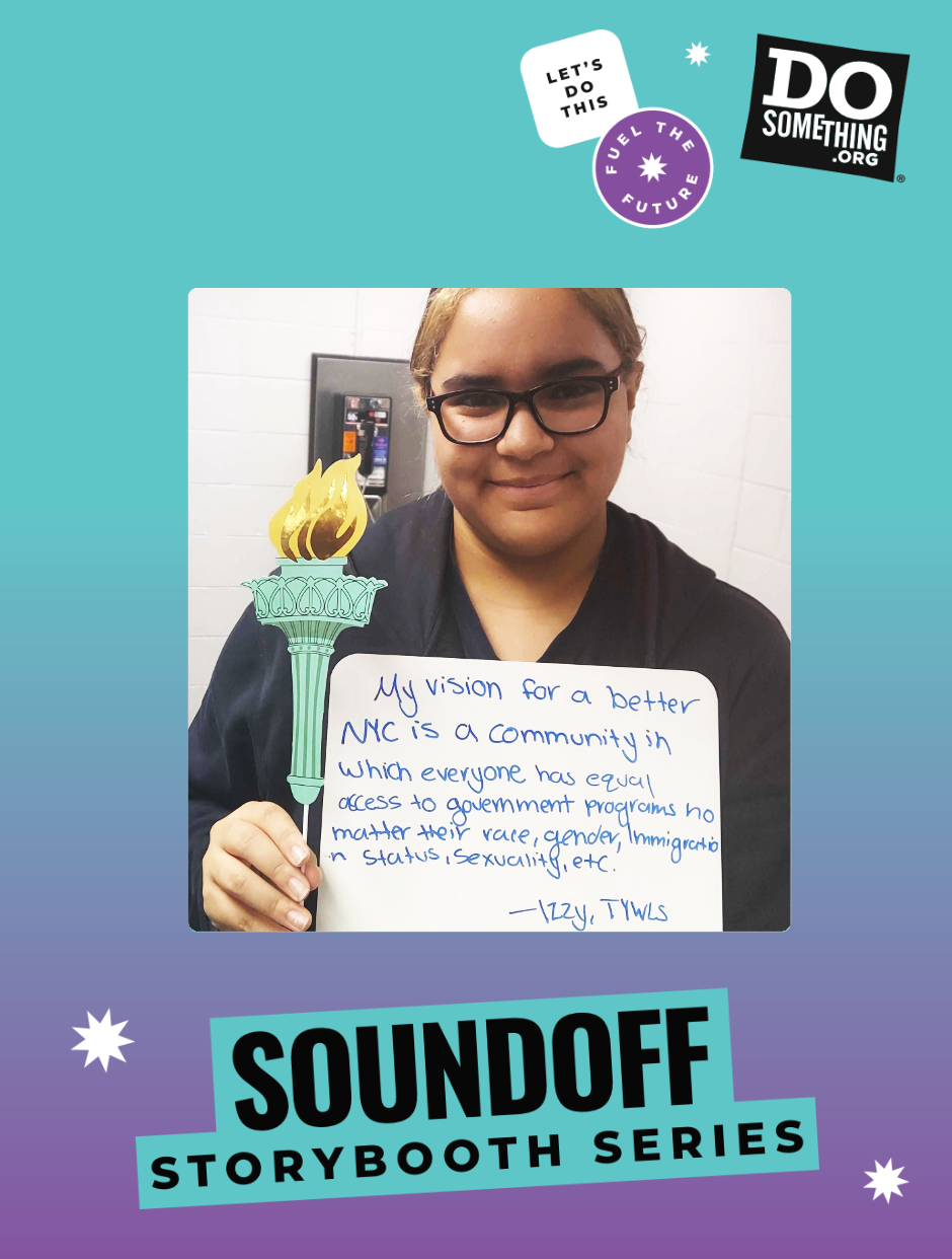 Izzy holding a sign with the logo "Soundoff Storybooth Series"