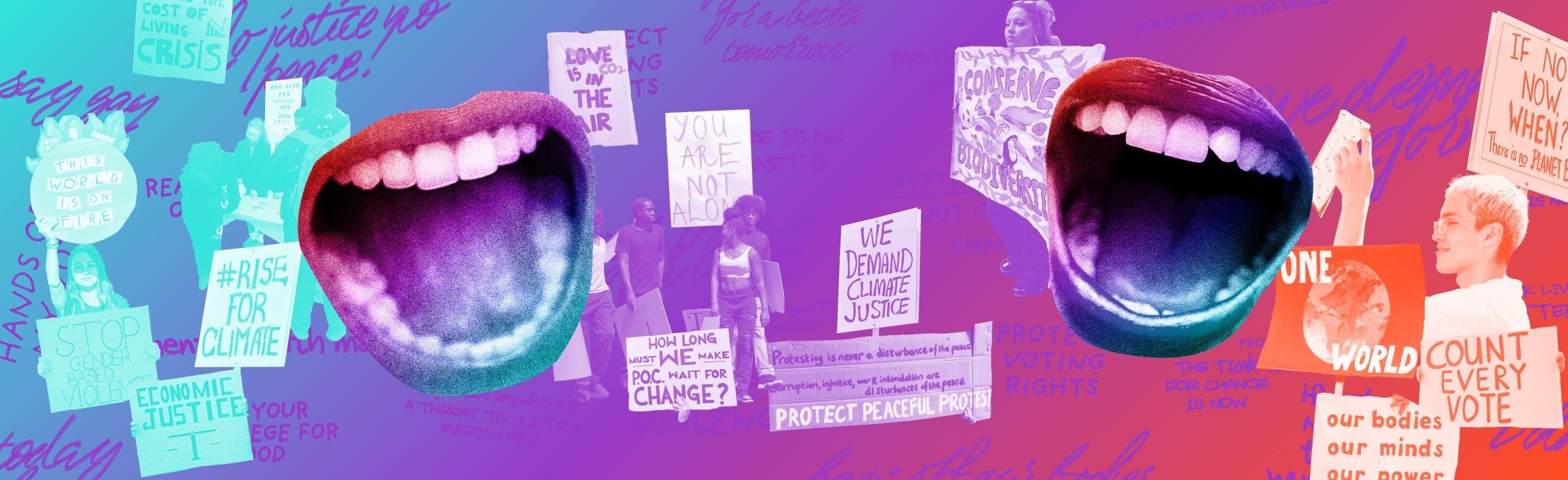 A teal, purple and orange colorful graphic with a collage of activist icons, including protesters with signs and open mouths