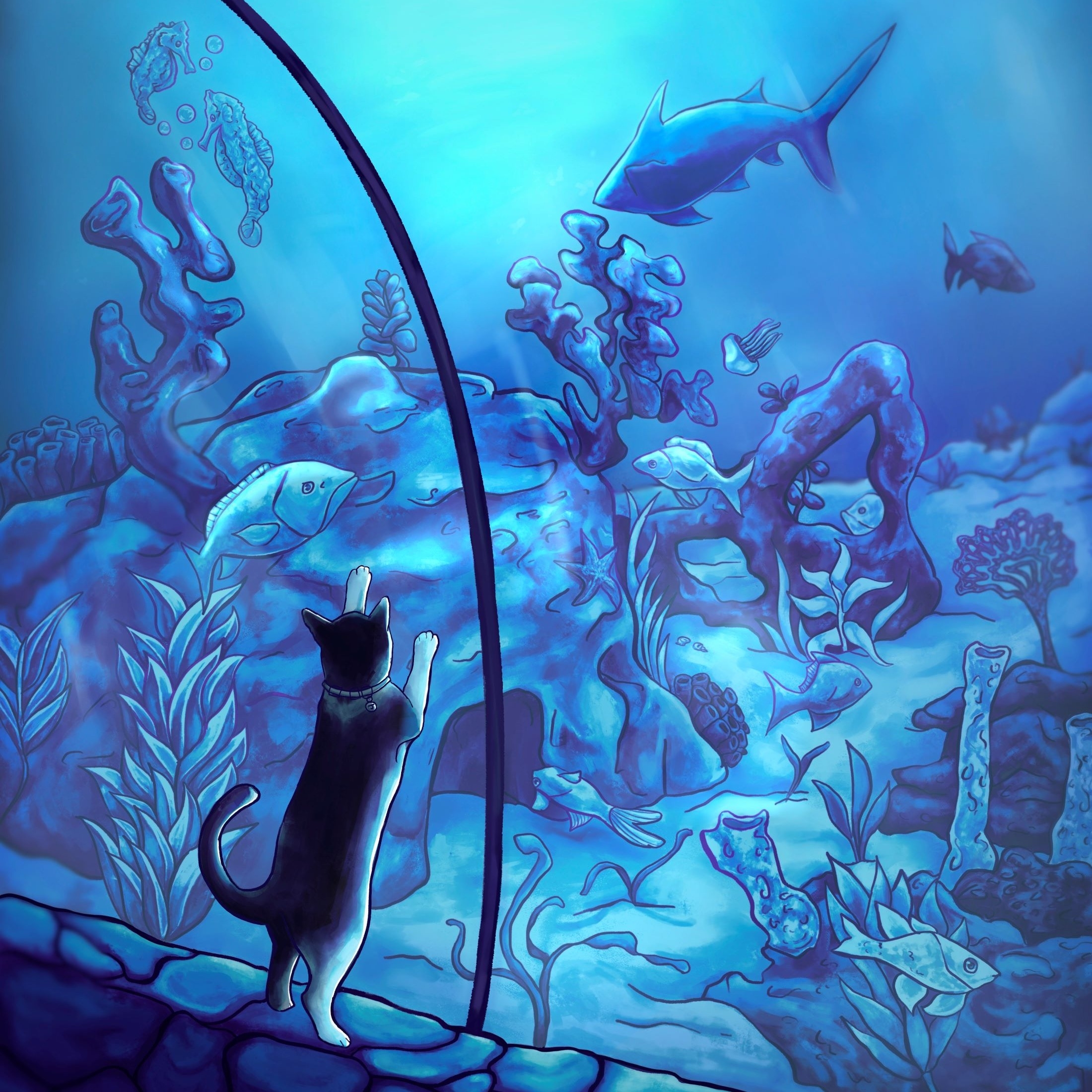 A curious cat gazes through a large aquarium, observing various colorful fish and underwater plants. The vibrant blue hues and lively aquatic life create an enchanting scene of marine exploration.