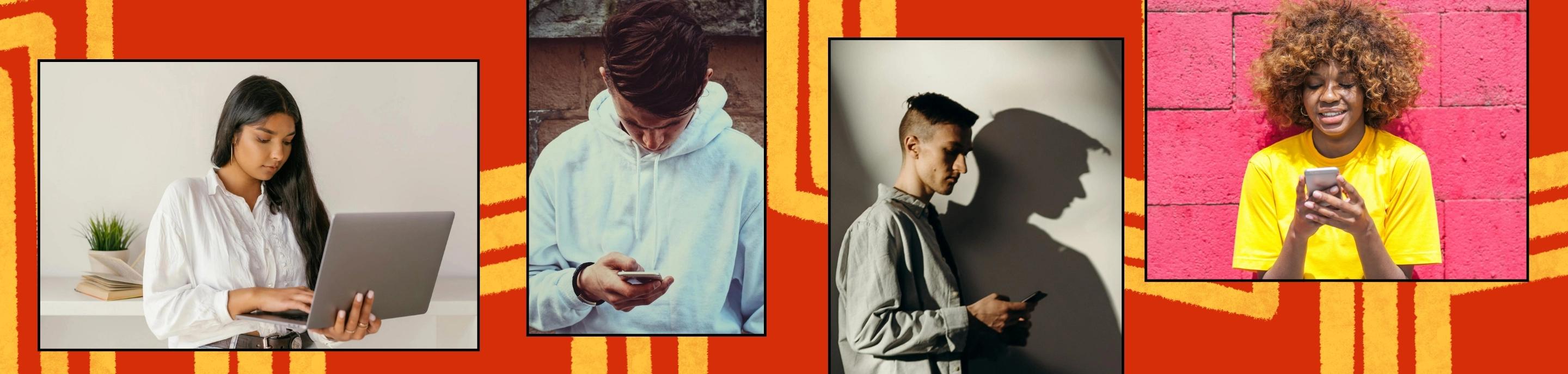 Four young adults using phones and laptops on a bold red and yellow graphic background.