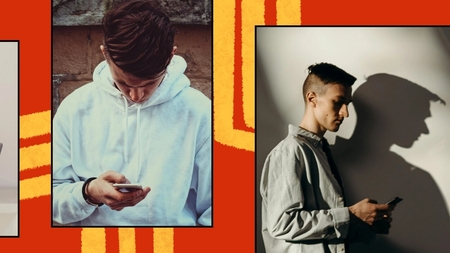 Four young adults using phones and laptops on a bold red and yellow graphic background.