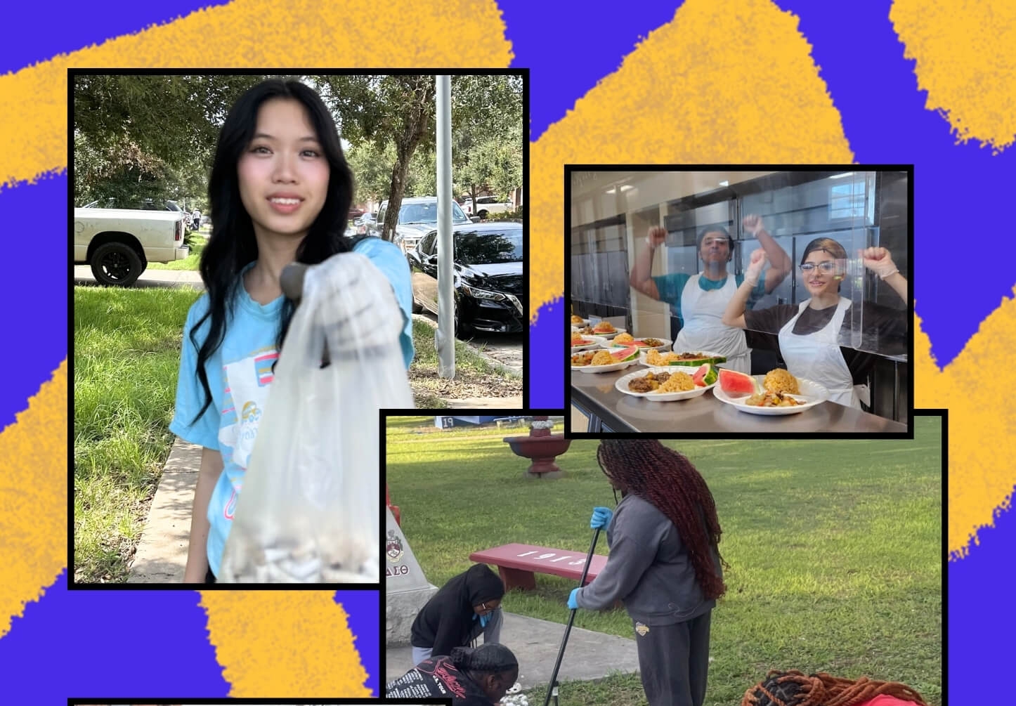 A collage depicting diverse individuals engaged in various community service activities including litter clean-up, food preparation, and beautification projects. The image highlights civic engagement and volunteerism, showcasing the impact of community service.