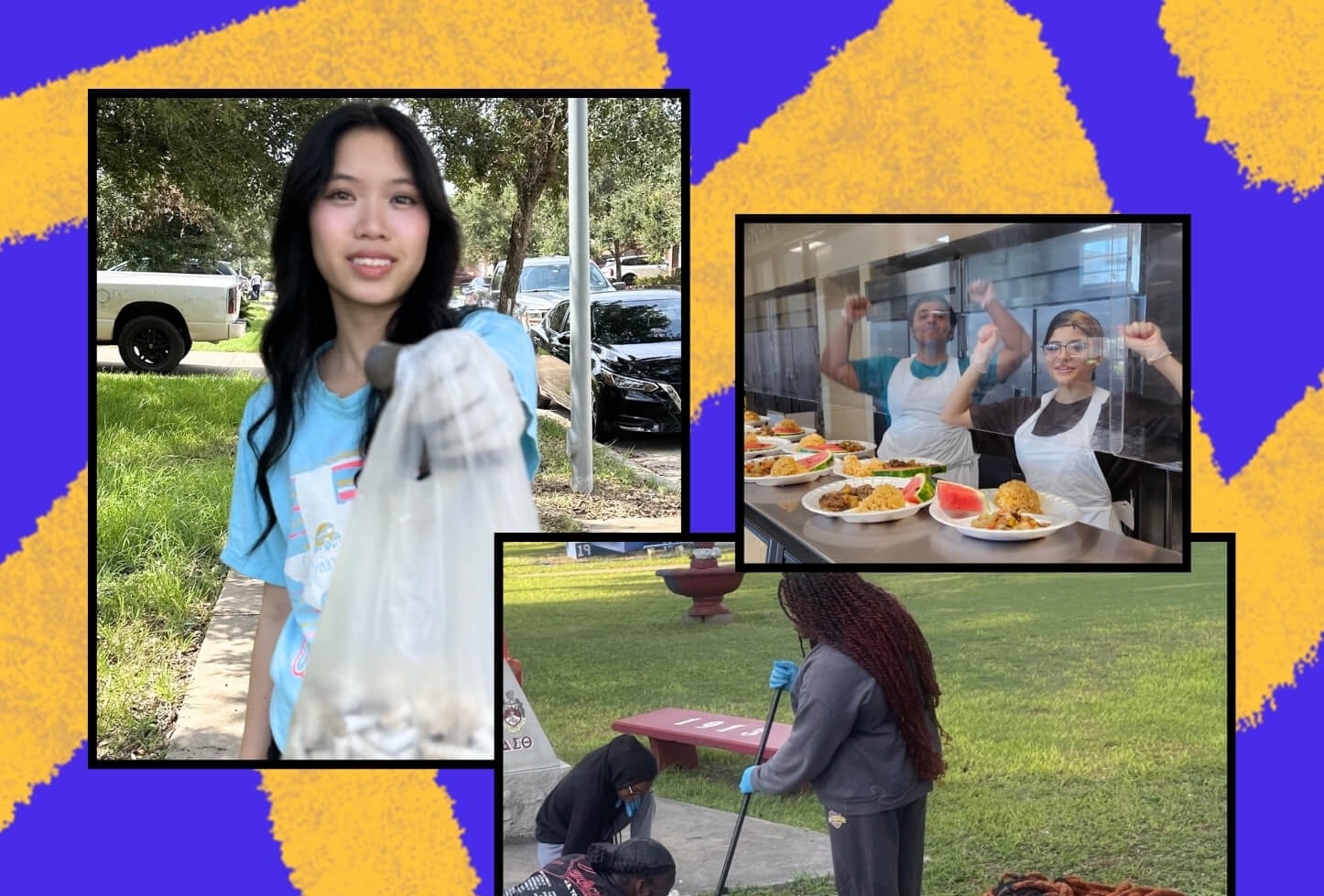 A collage depicting diverse individuals engaged in various community service activities including litter clean-up, food preparation, and beautification projects. The image highlights civic engagement and volunteerism, showcasing the impact of community service.