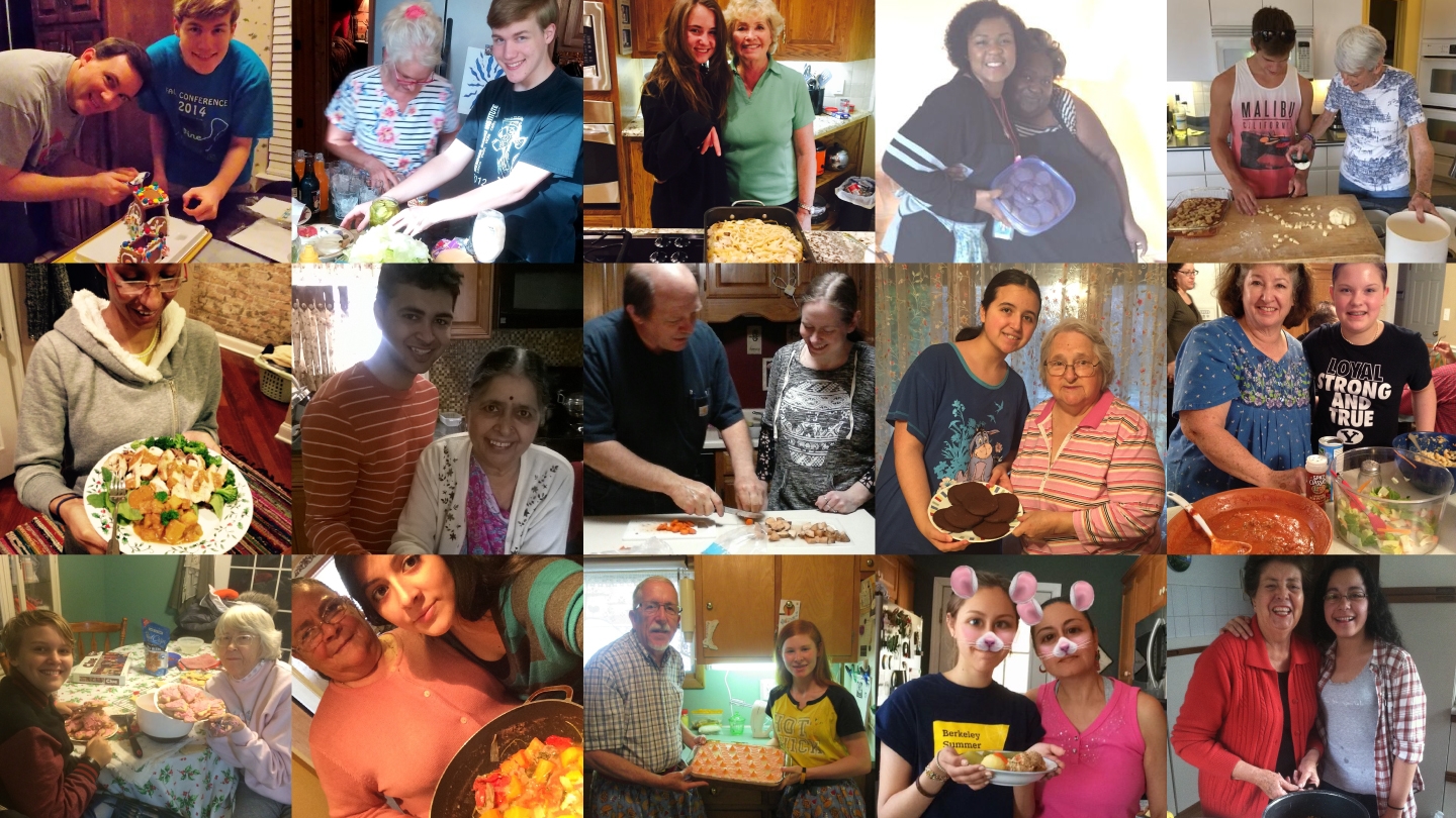 Image array of several young people with community elders, cooking and showing off their foods