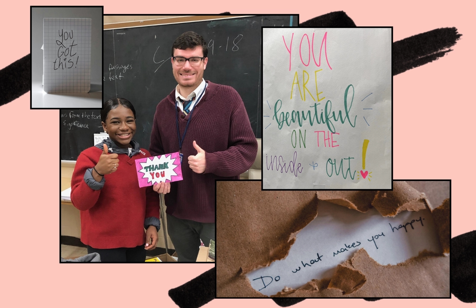 A diverse group of volunteers is smiling and holding colorful signs that promote positivity and encouragement, such as 'You Got This!' and 'Thank You!' The background features motivational messages reflecting community support and personal growth.