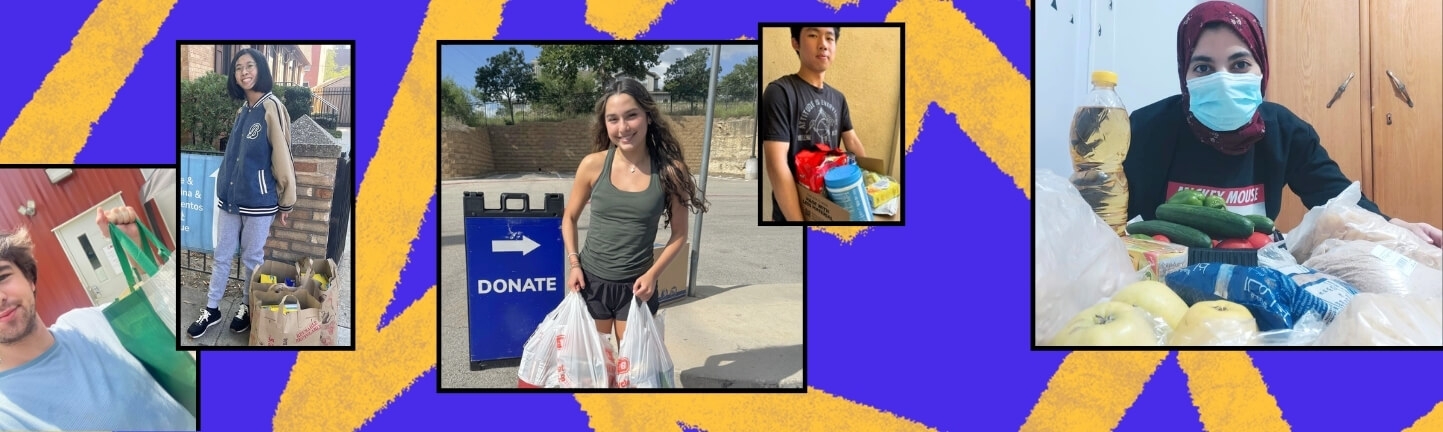 A colorful collage of young people volunteering their time for doing good in their communities, and donating food items to those in need.