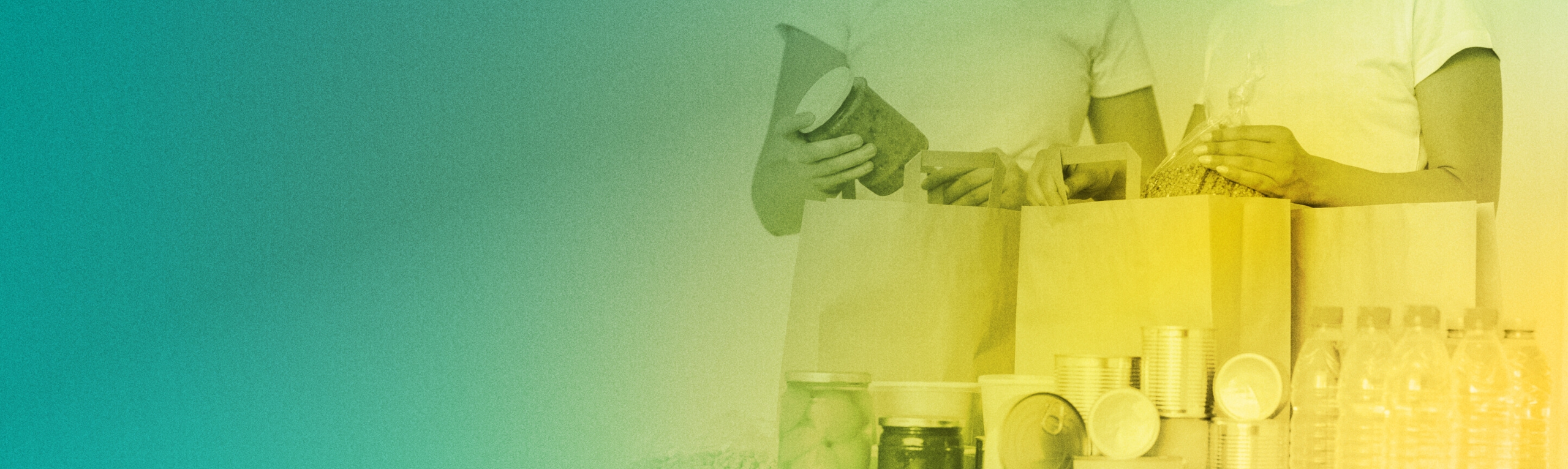 Two young people filling paper bags with donated items, on a green-yellow gradient