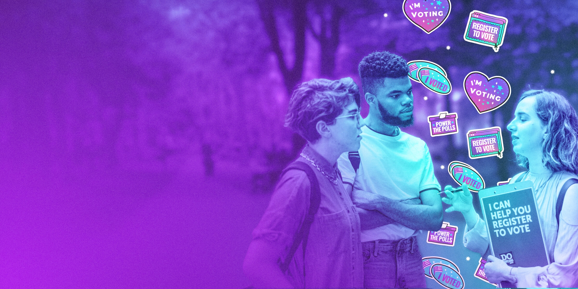 Young person with a clipboard recruiting two other young people to register to vote. Digital stickers with voting slogans float in the background.