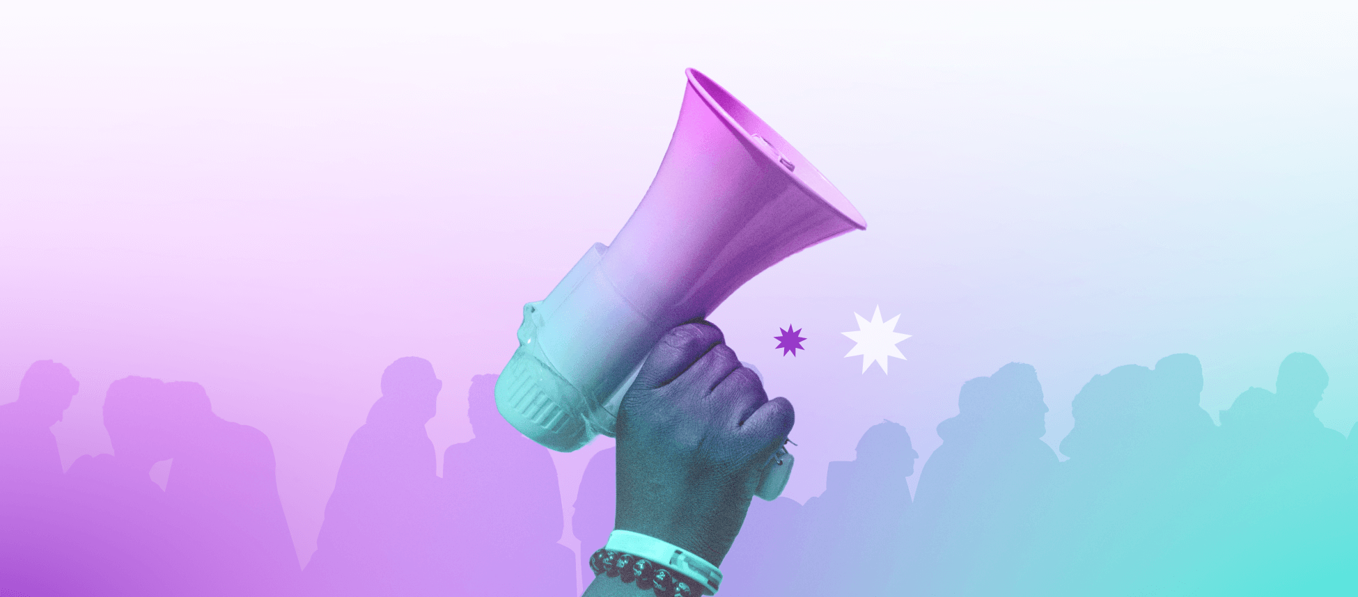 A gradient purple and teal graphic of a young person's hand holding a megaphone, in front of a graphic of a non-descriptive crowd of other young people in the background, with purple and white star stickers.