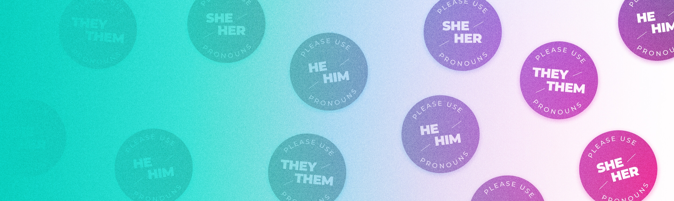 Purple pronoun pins on blue abstract graphic background, the pins say "she/her", "they/them", and "he/him"