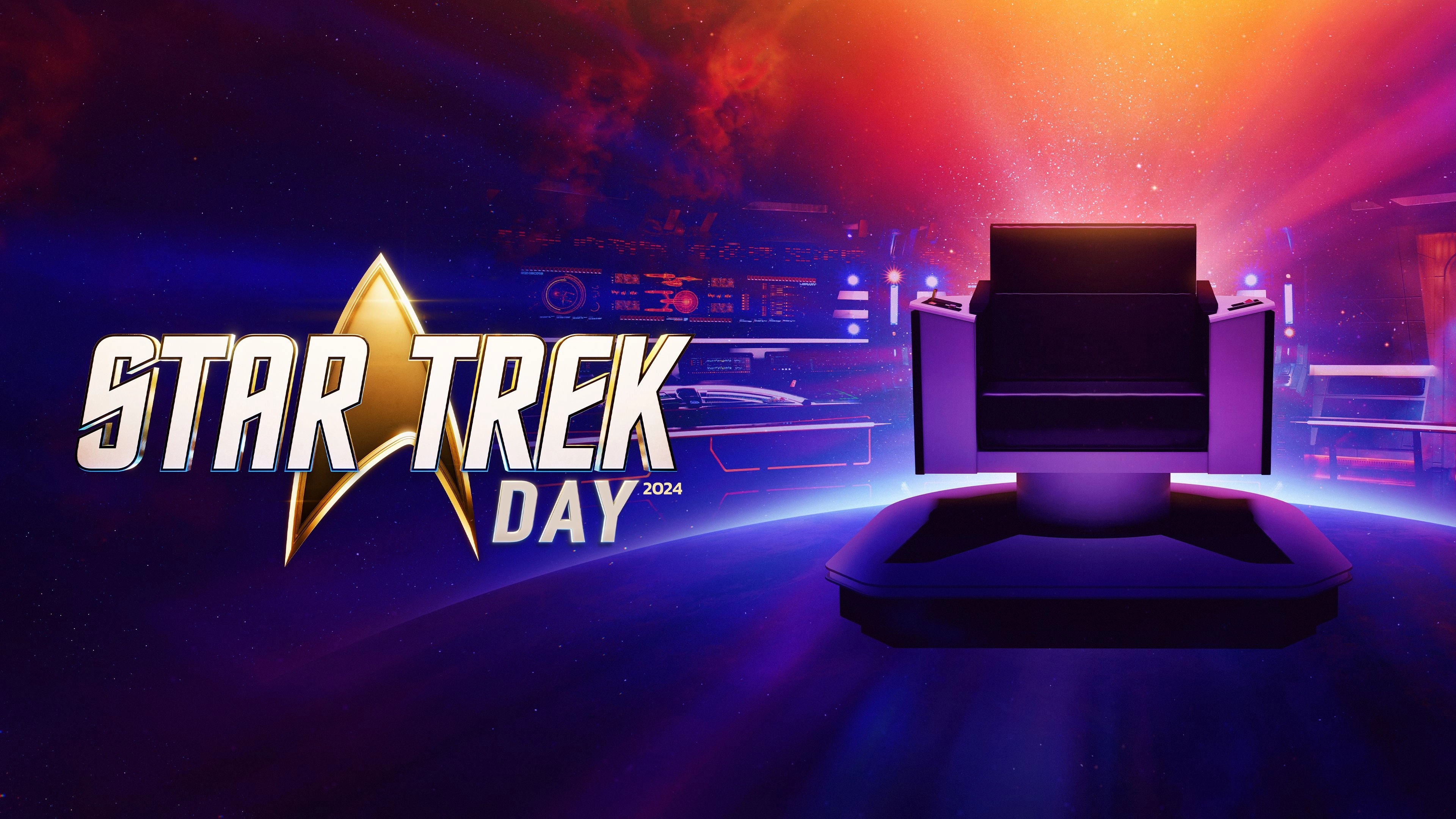 A colorful graphic of inside a spacecraft from the fictional Starship Enterprise of Star Trek, with the Captain's chair, and Star Trek Day emblem and logo.