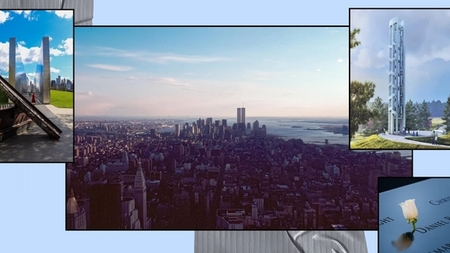 Nighttime view of the NYC skyline with the Tribute in Light twin beams shining upwards brightly from the 911 site.