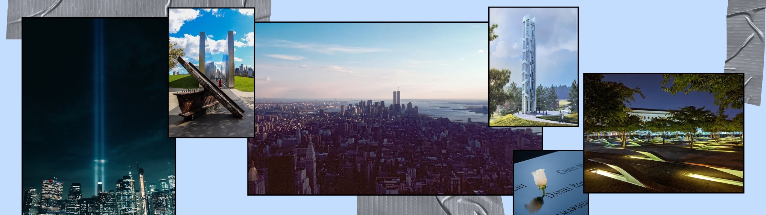 Nighttime view of the NYC skyline with the Tribute in Light twin beams shining upwards brightly from the 911 site.