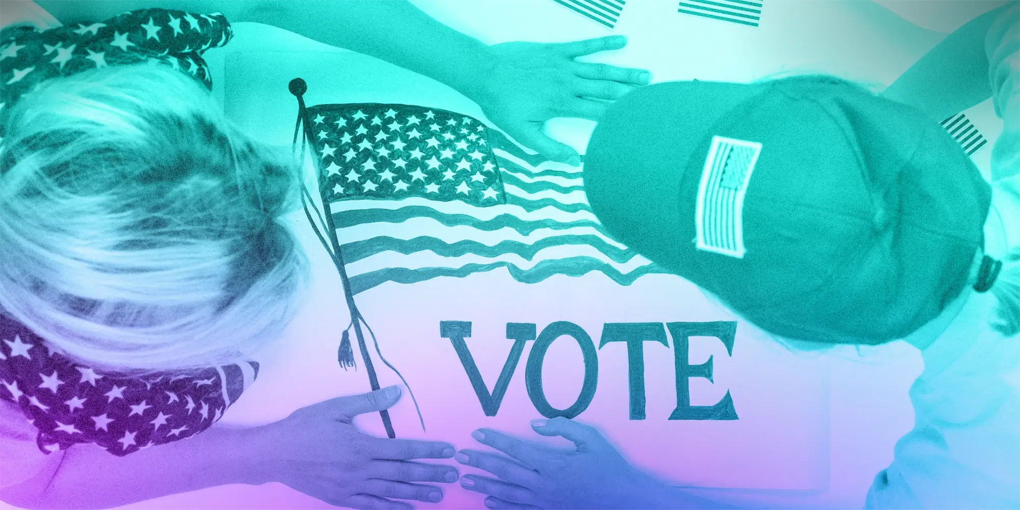 Birdseye view of two people standing over a sign that has the American flag on it and reads: "VOTE"