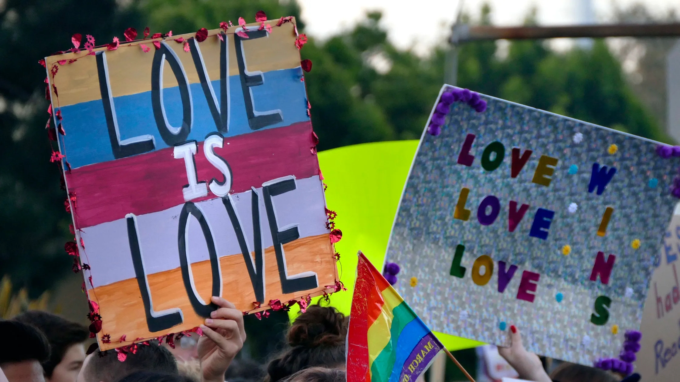 Young activists hold signs reading 'Love is Love' and 'Love Wins'