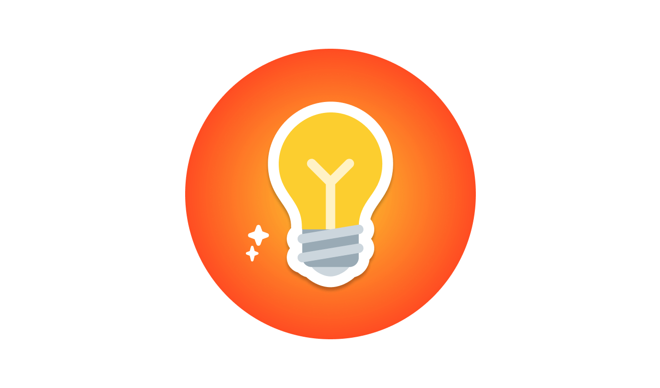 A yellow lightbulb sticker on a yellow and orange gradient circle with small twinkling stars