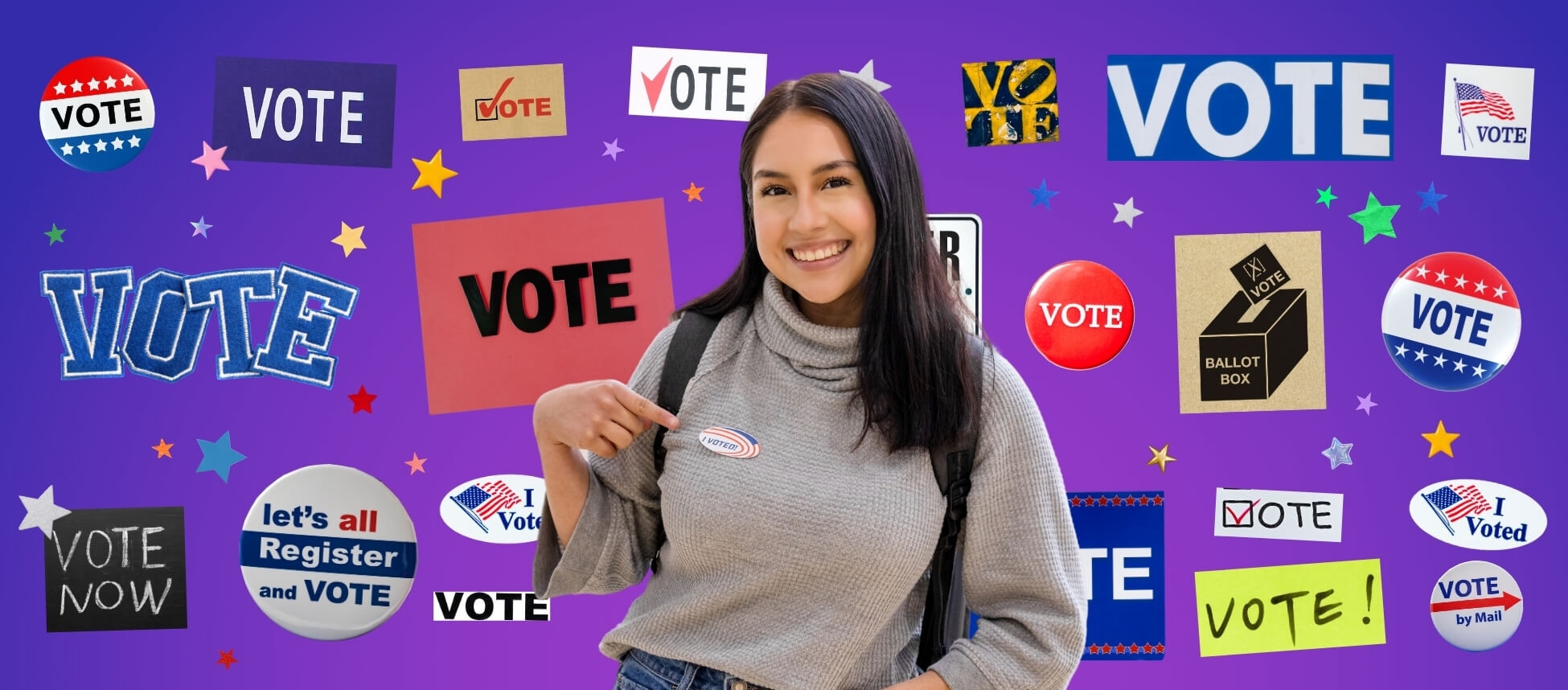 A young voter pointing to the 'I Voted' sticker they are wearing, surrounded by multiple vote iconography, stickers and buttons, on a blue-purple gradient background.