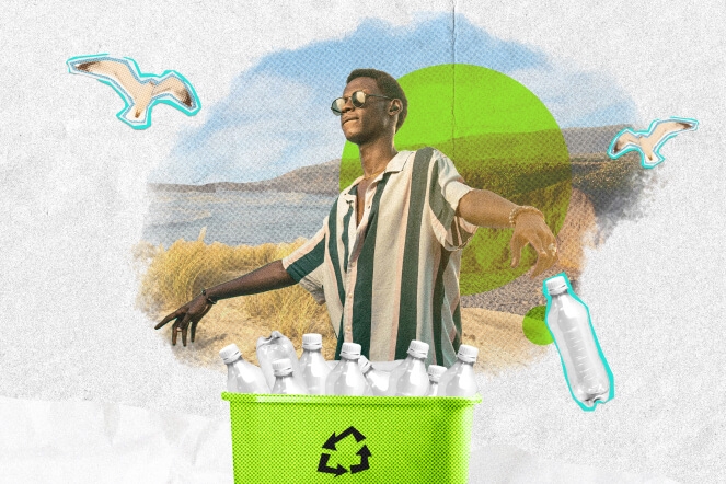 A colorful image of a fashionable young person posing by a neon green recycling bin, flaunting their plastic bottle recycling. Also features icons of a white bird and transparent plastic bottles on a small mural of a city on a paper white background.