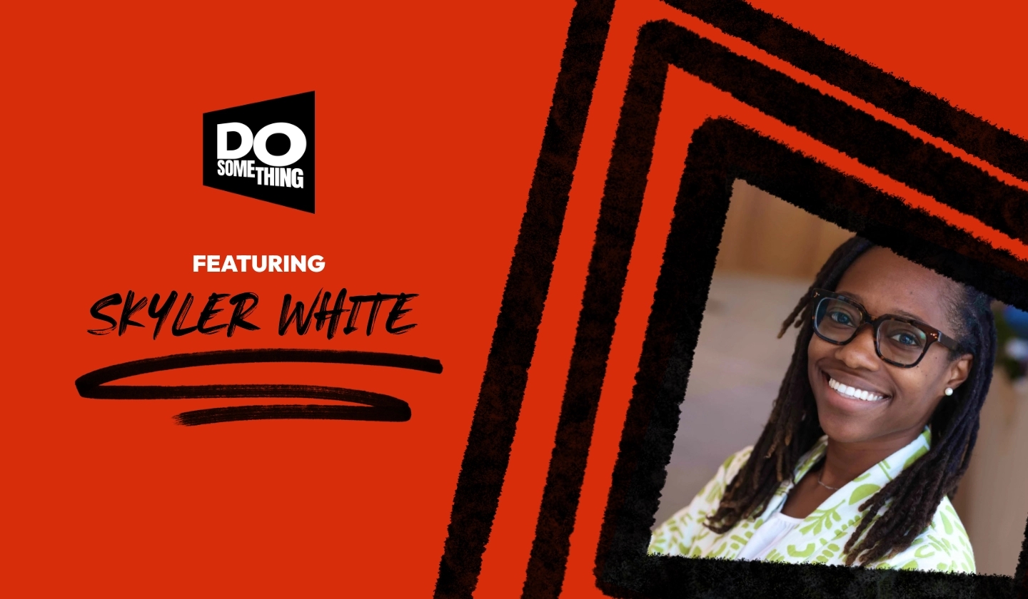 A vibrant promotional image featuring the text 'Do Something' and 'Featuring Skyler White' on a bold red background. The smiling individual, wearing stylish glasses and a colorful patterned shirt, represents volunteer opportunities and community engagement.