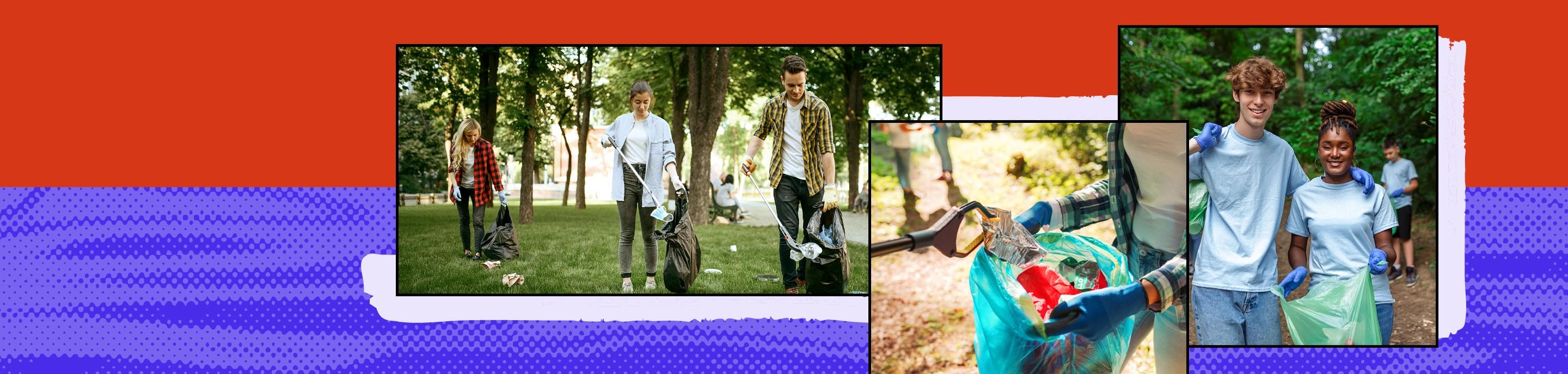 A diverse group of individuals participating in community service activities by cleaning up a park and collecting litter in bags. This image highlights volunteer opportunities and civic engagement in a vibrant outdoor setting.