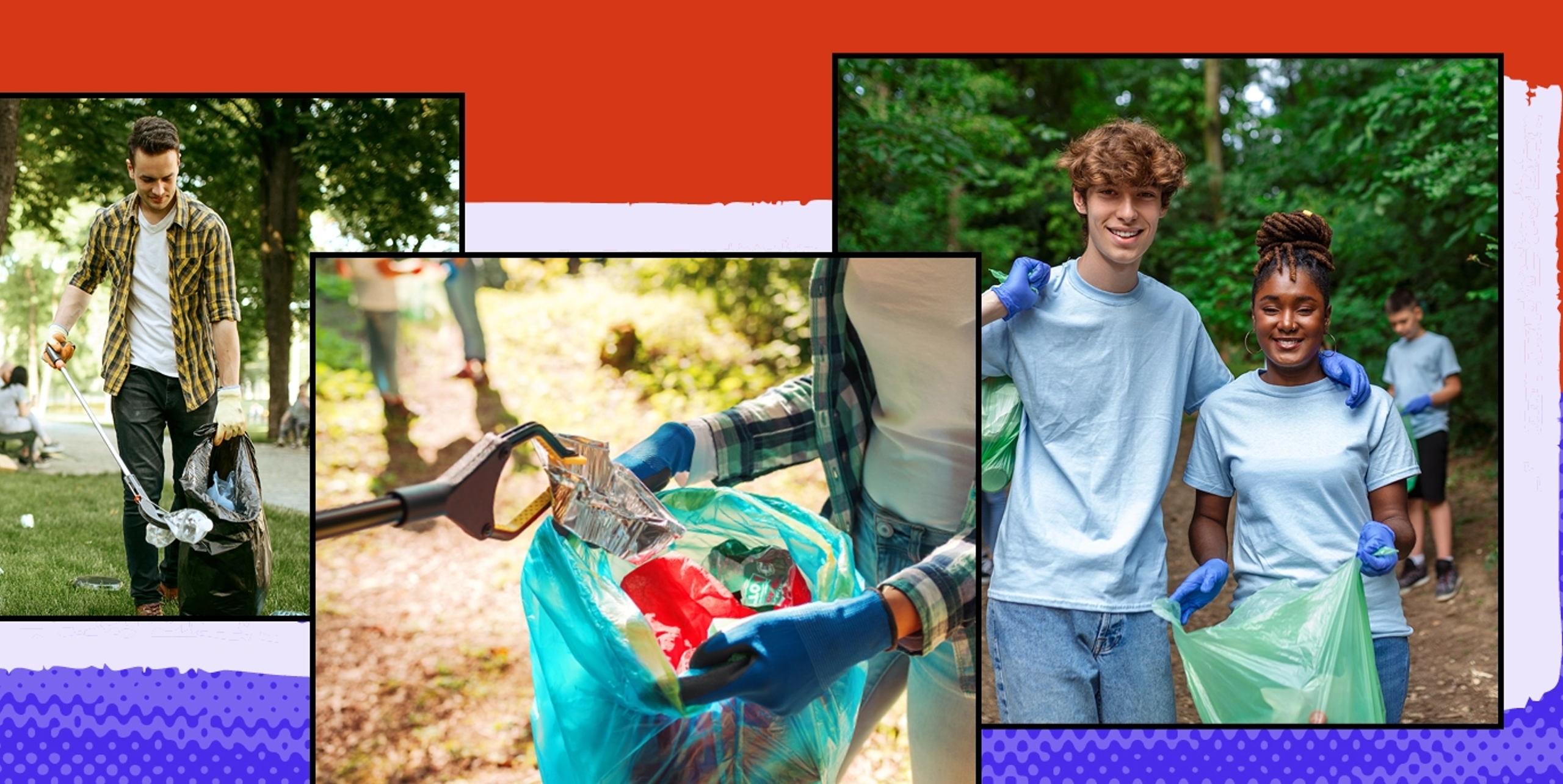 A diverse group of individuals participating in community service activities by cleaning up a park and collecting litter in bags. This image highlights volunteer opportunities and civic engagement in a vibrant outdoor setting.