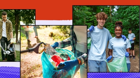 A diverse group of individuals participating in community service activities by cleaning up a park and collecting litter in bags. This image highlights volunteer opportunities and civic engagement in a vibrant outdoor setting.