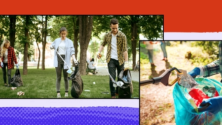A diverse group of individuals participating in community service activities by cleaning up a park and collecting litter in bags. This image highlights volunteer opportunities and civic engagement in a vibrant outdoor setting.