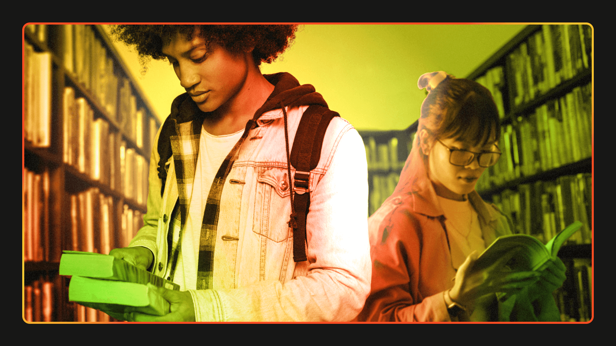 Green-red gradient photo of two young people standing readings books, in a library bookshelf aisle 