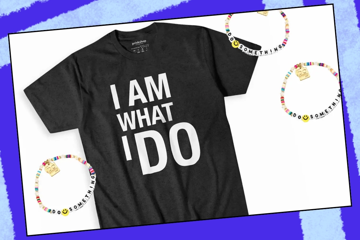 DoSomething bracelets by Little Words Projects, and a black t-shirt that reads 'I Am What I Do'