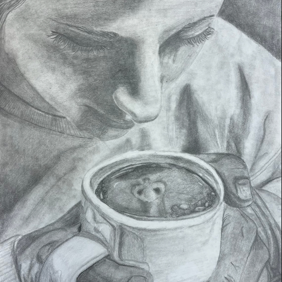 Drawing of a person holding a mug