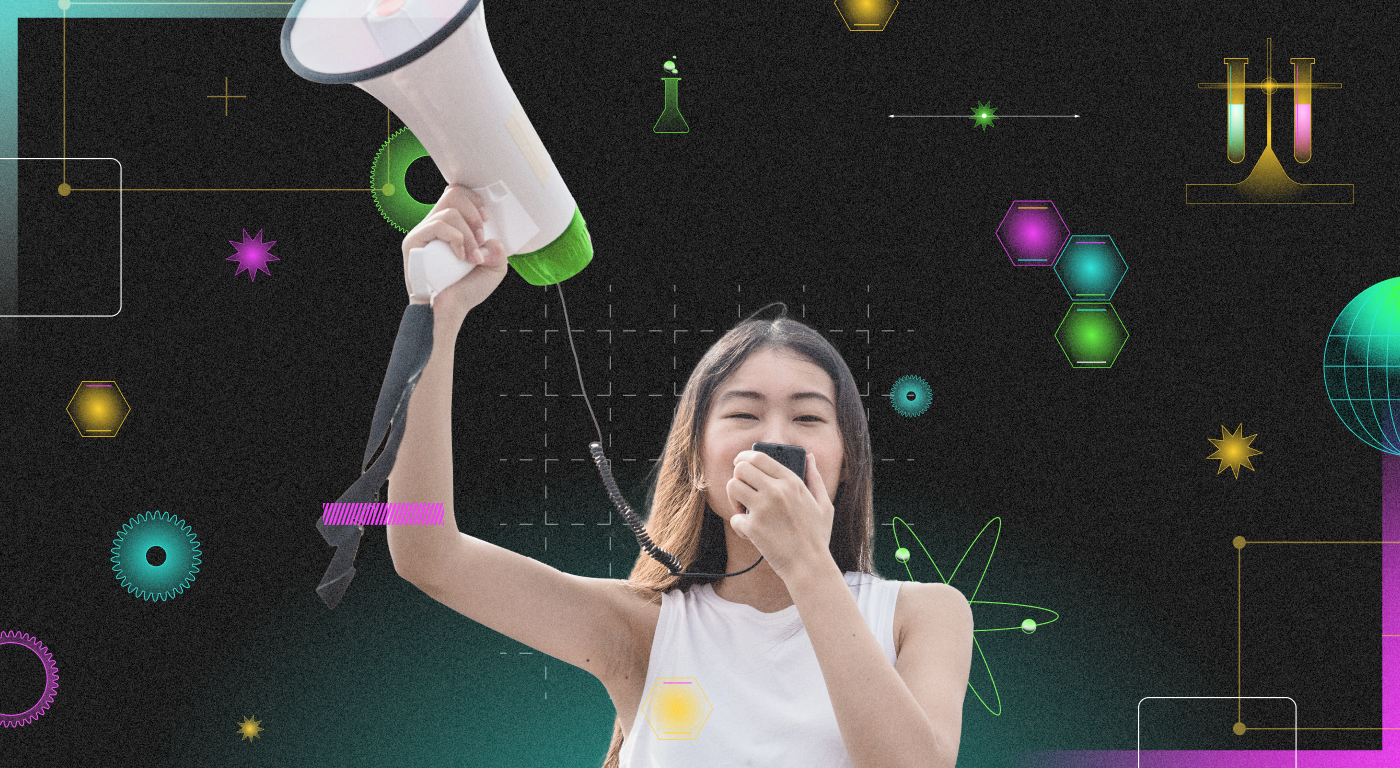 Young person speaking through a megaphone, raised  in one hand, with an abstract background of science related abstract icons