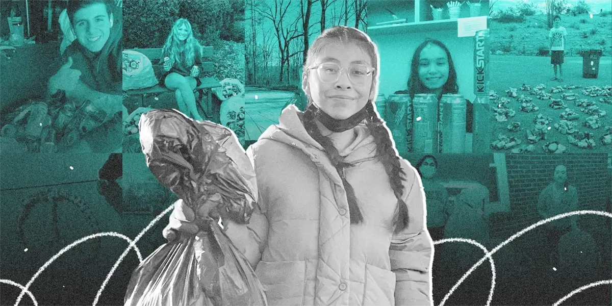 Young person in glasses and long braids, wearing winter coat, holding a trash bag against a collaged background of several images of young people engaged in recycling activities