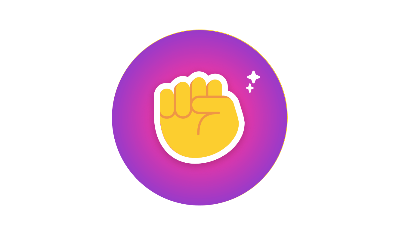 A cartoon sticker of a yellow fist emoji, on a pink and purple gradient circle with small twinkling stars