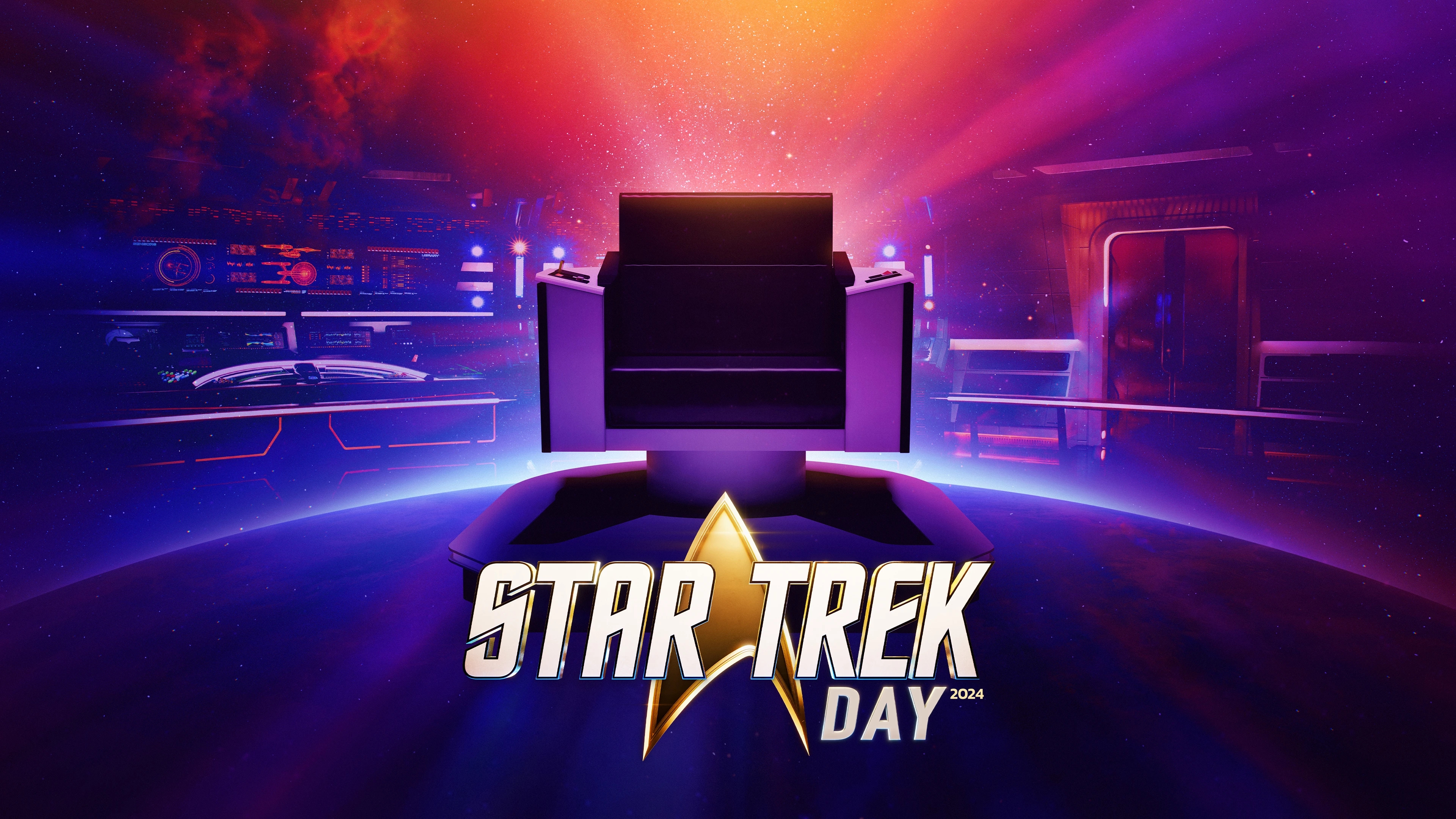 A colorful graphic of inside a spacecraft from the fictional Starship Enterprise of Star Trek, with the Captain's chair, and Star Trek Day emblem and logo at the bottom