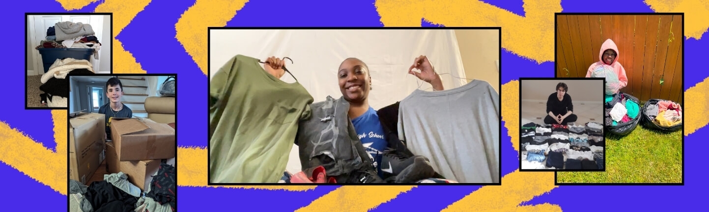 Young person with arms held wide, various articles of clothing hanging off their arm, on a collaged background of several images of young people collecting clothes