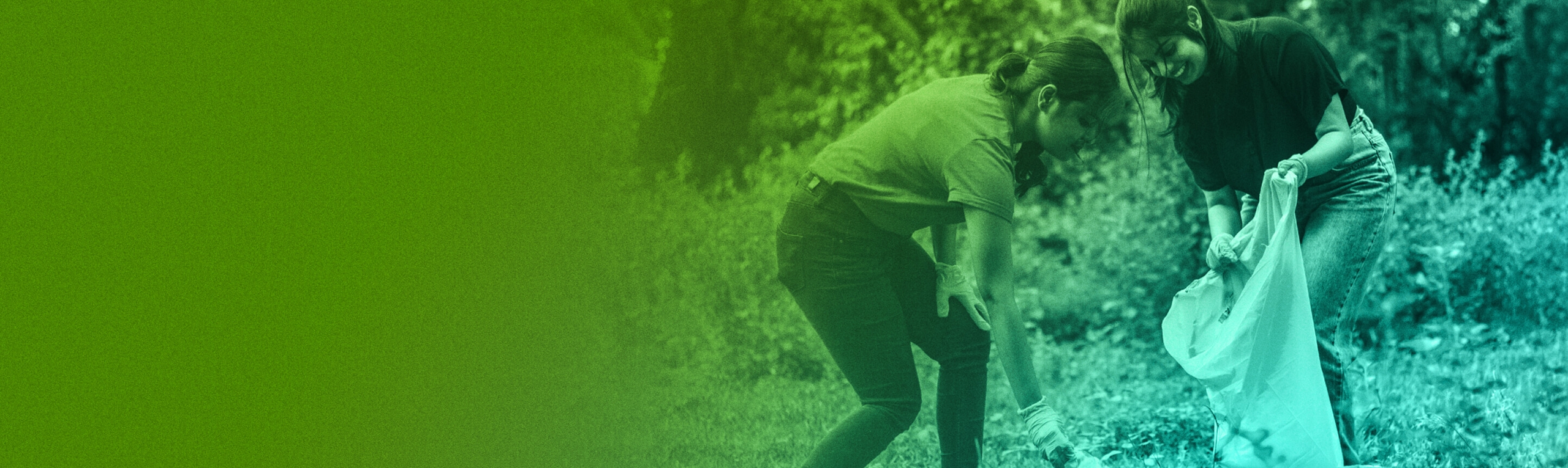 Two young people outdoors in green spac collecting litter, on a green-teal gradient background